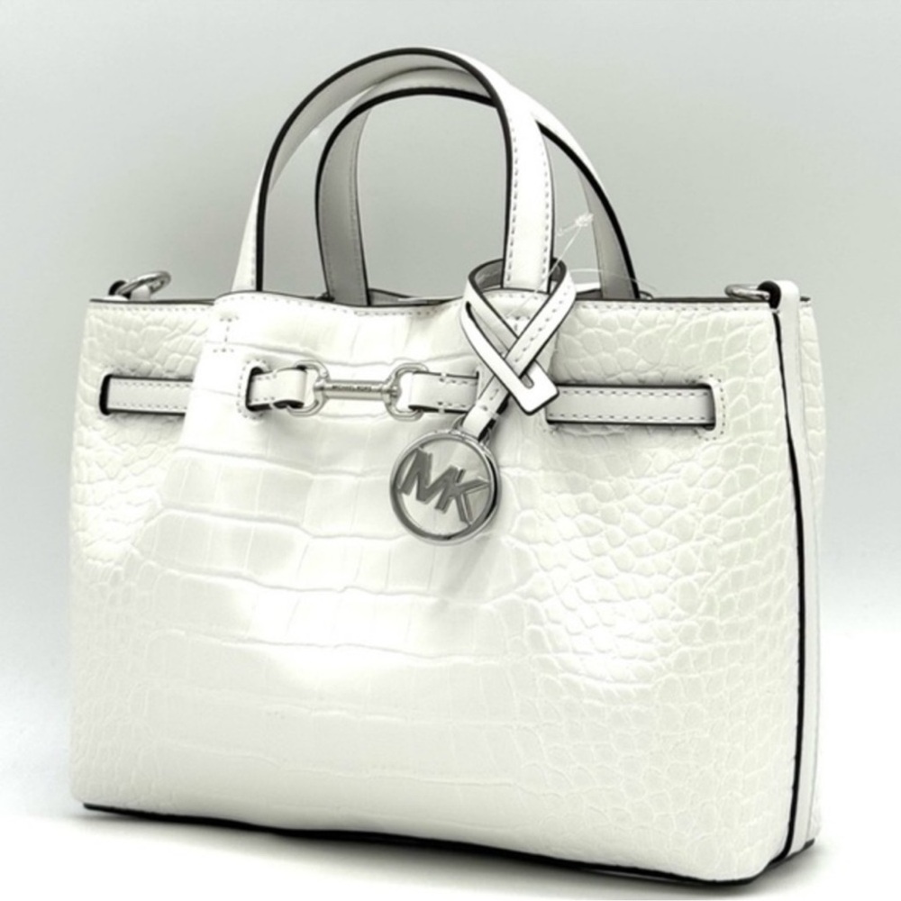 Michael Kors Carson Small Crocodile Embossed Satchel Bag Optic White